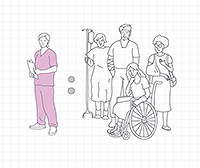 Drawing of a Nurse with many patients of differing ages around them